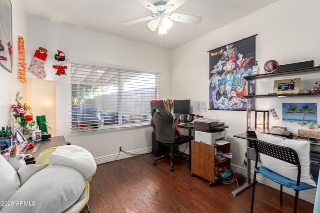 office area featuring dark wood-type flooring and ceiling fan