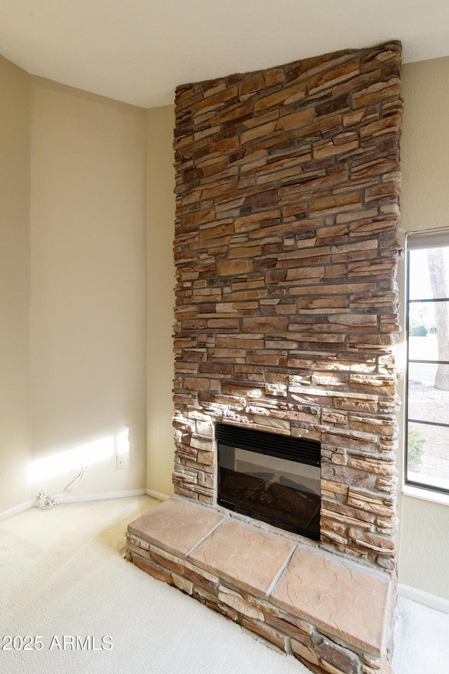 details with carpet flooring and a fireplace