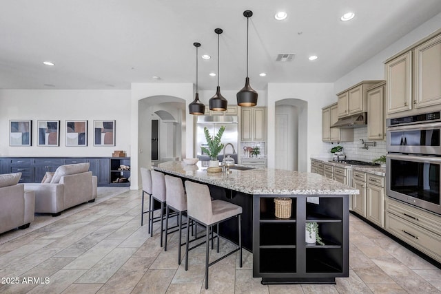 kitchen with sink, tasteful backsplash, stainless steel appliances, light stone countertops, and a kitchen island with sink