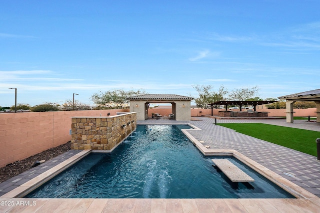 view of swimming pool with a gazebo, pool water feature, and a pergola