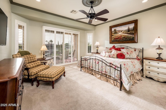 bedroom featuring visible vents, crown molding, carpet, ceiling fan, and recessed lighting