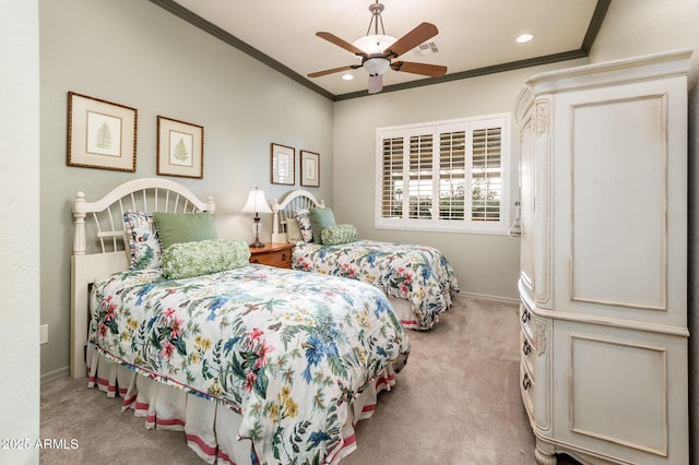 bedroom with ornamental molding, a ceiling fan, recessed lighting, carpet flooring, and baseboards