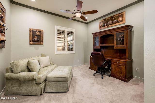 carpeted home office with ceiling fan, baseboards, ornamental molding, and recessed lighting