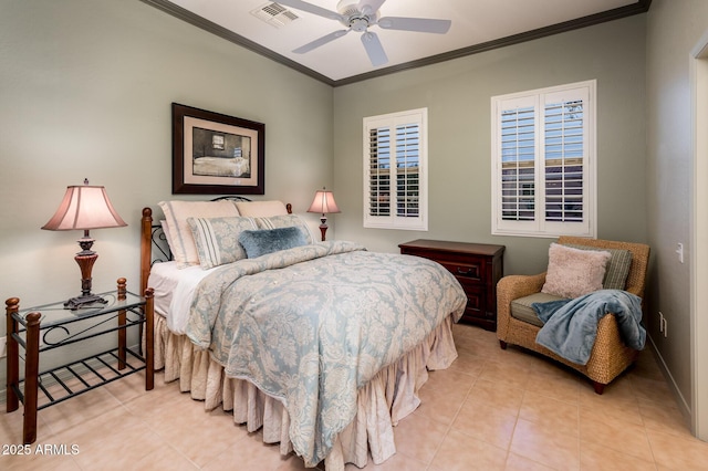 bedroom with light tile patterned flooring, a ceiling fan, visible vents, and ornamental molding