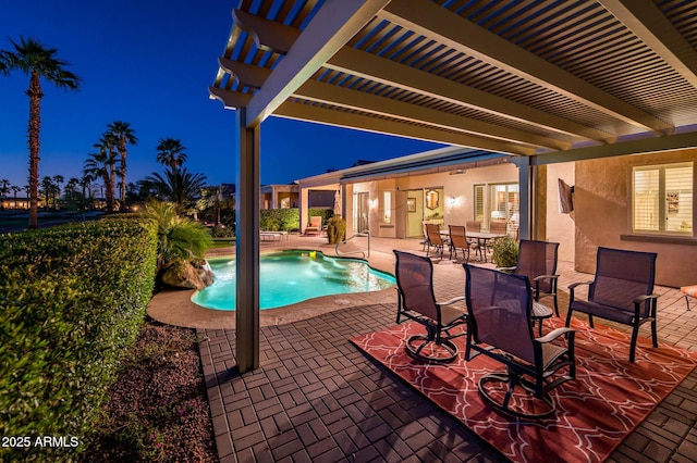 pool at twilight featuring an outdoor pool, outdoor dining space, a patio area, and a pergola