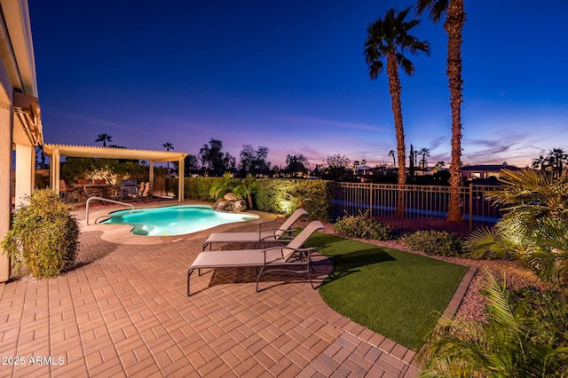 view of pool featuring a fenced in pool, a patio area, a pergola, and a fenced backyard