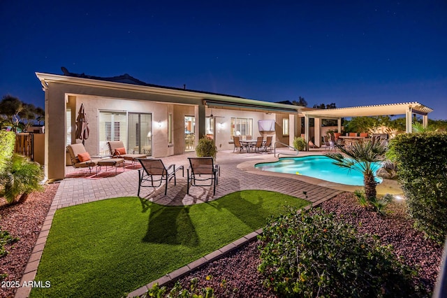 pool at twilight featuring an outdoor pool, a patio, and a pergola