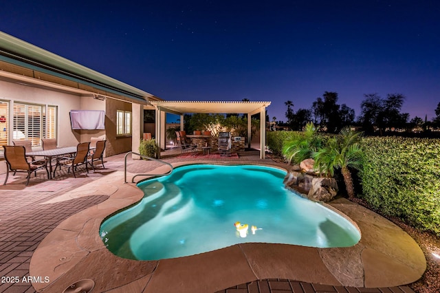 pool at twilight featuring outdoor dining space, a patio, an outdoor pool, and a pergola