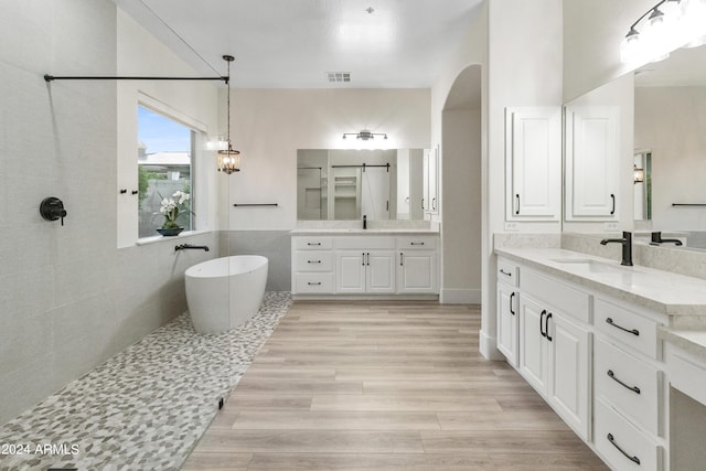 bathroom featuring hardwood / wood-style flooring, vanity, and a bathing tub