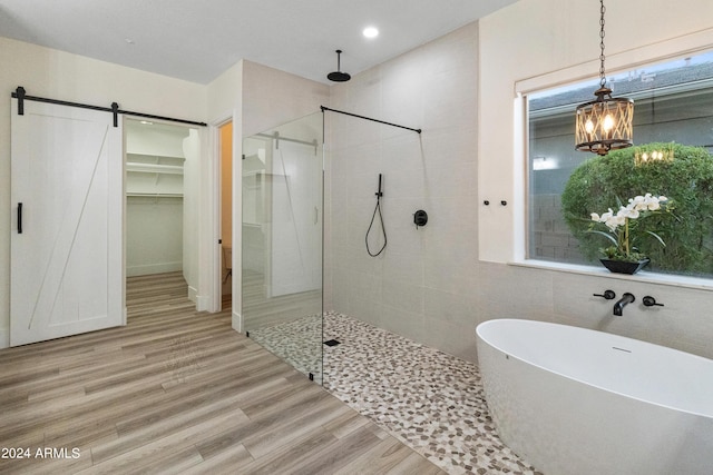 bathroom featuring plus walk in shower and wood-type flooring