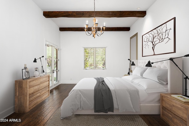 bedroom featuring access to outside, dark wood-type flooring, beamed ceiling, and a chandelier