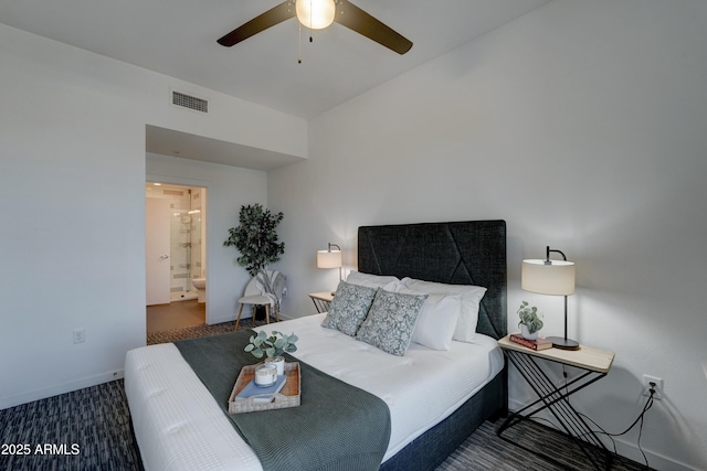 bedroom with connected bathroom and ceiling fan