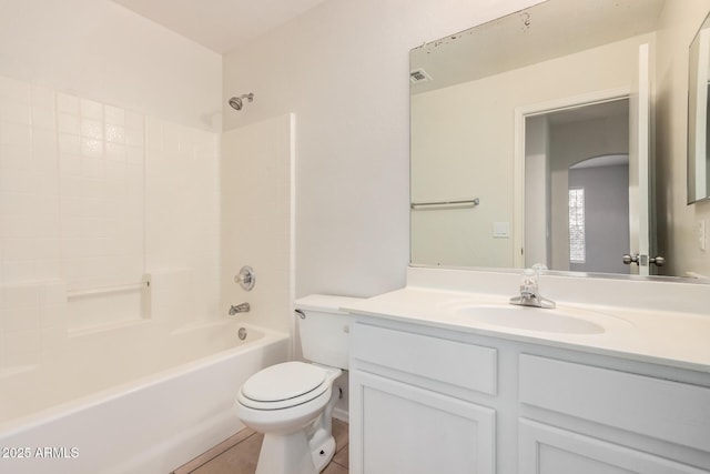 bathroom featuring visible vents, toilet, tile patterned flooring, bathtub / shower combination, and vanity