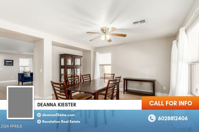 dining space featuring ceiling fan and light tile patterned floors