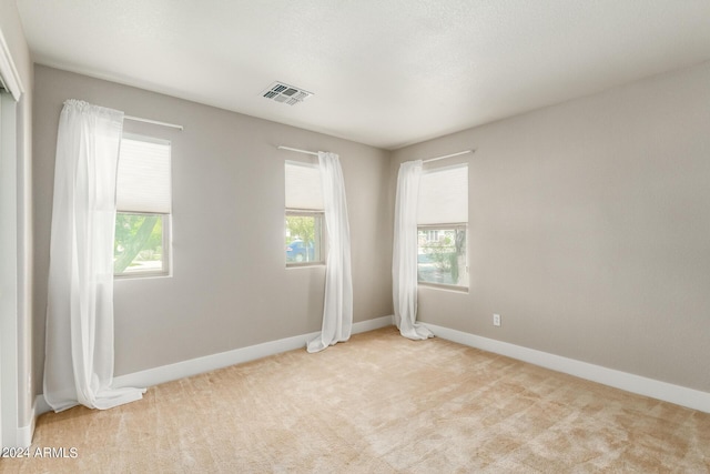 empty room featuring a healthy amount of sunlight, visible vents, and light carpet