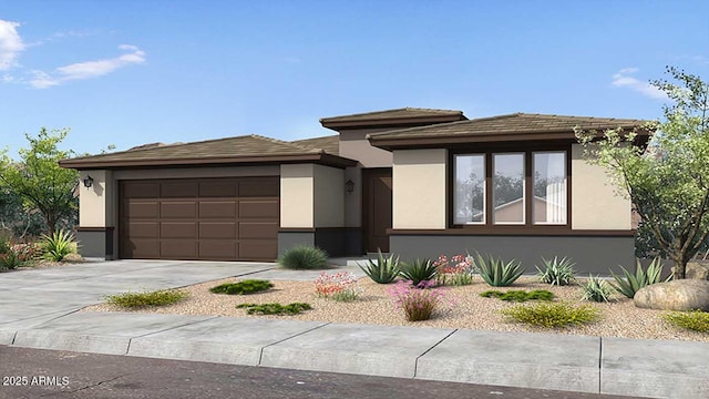 prairie-style house with a garage, driveway, and stucco siding