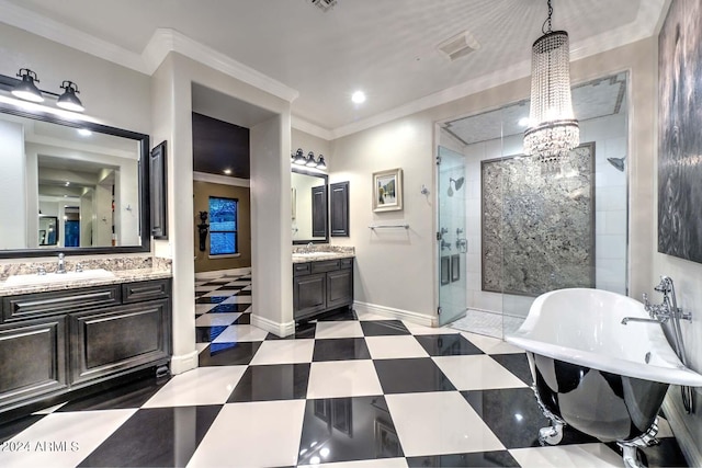 bathroom with shower with separate bathtub, vanity, and ornamental molding