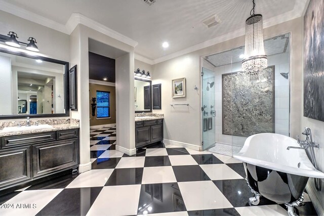 12789 W Via Caballo Blanco, Peoria, AZ 85383 - bathroom with crown molding, a chandelier, a sink, a stall shower, and a freestanding bath