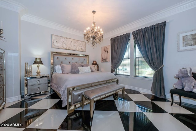 bedroom with a notable chandelier and ornamental molding