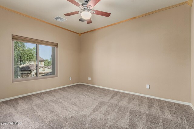 5752 S Crossbow Pl, Chandler, AZ 85249 - carpeted empty room with ornamental molding, visible vents, ceiling fan, and baseboards