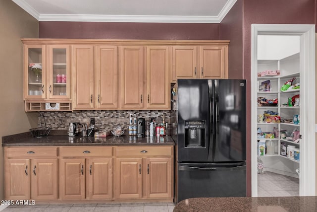 10529 E Posada Ave, Mesa, AZ 85212 - kitchen with black refrigerator with ice dispenser, crown molding, tasteful backsplash, glass insert cabinets, and light tile patterned flooring