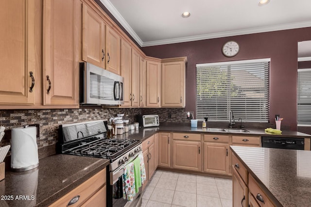 10529 E Posada Ave, Mesa, AZ 85212 - kitchen featuring stainless steel appliances, light tile patterned flooring, decorative backsplash, crown molding, and light brown cabinets