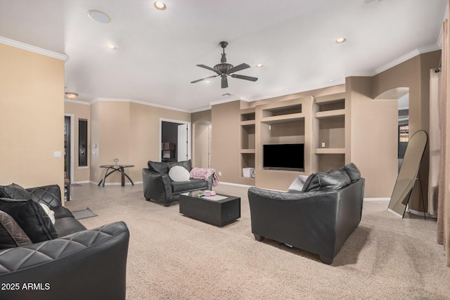 10529 E Posada Ave, Mesa, AZ 85212 - carpeted living room featuring recessed lighting, a ceiling fan, ornamental molding, and built in features