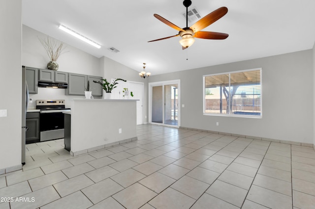 1858 S Ocotillo Dr, Apache Junction, AZ 85120 - kitchen featuring electric stove, under cabinet range hood, lofted ceiling, light countertops, and ceiling fan