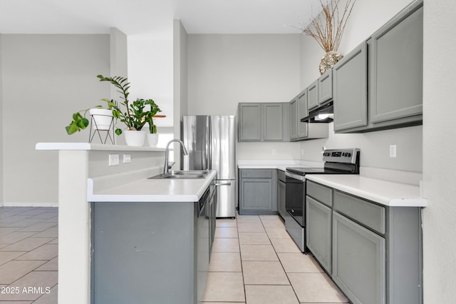 1858 S Ocotillo Dr, Apache Junction, AZ 85120 - kitchen featuring stainless steel appliances, gray cabinetry, light tile patterned flooring, and under cabinet range hood