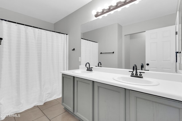 1858 S Ocotillo Dr, Apache Junction, AZ 85120 - bathroom featuring tile patterned flooring, double vanity, and a shower with shower curtain