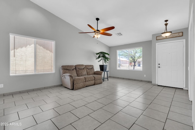 1858 S Ocotillo Dr, Apache Junction, AZ 85120 - foyer with ceiling fan, light tile patterned floors, and high vaulted ceiling
