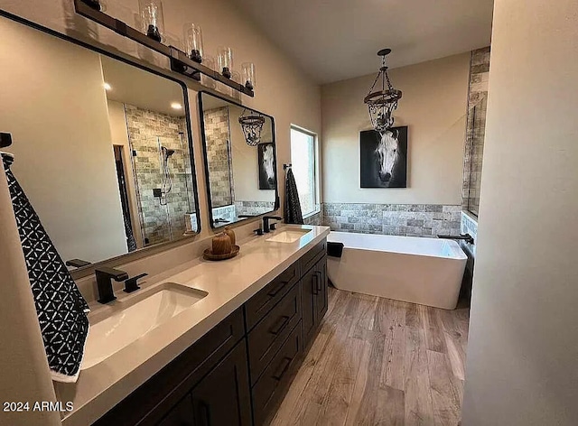 bathroom featuring plus walk in shower, vanity, and wood-type flooring