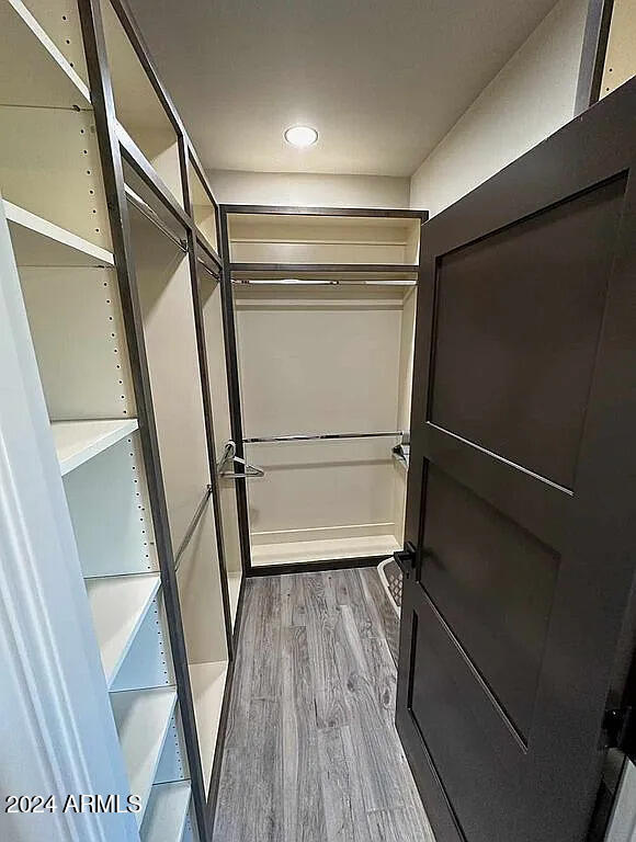 walk in closet with hardwood / wood-style flooring