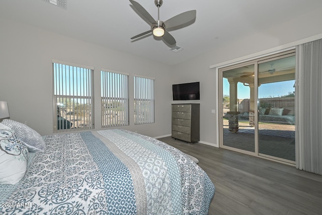 bedroom with ceiling fan, access to exterior, and wood-type flooring