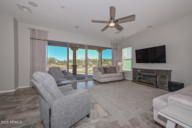 living room with ceiling fan