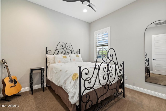 bedroom featuring carpet flooring, baseboards, a ceiling fan, and visible vents