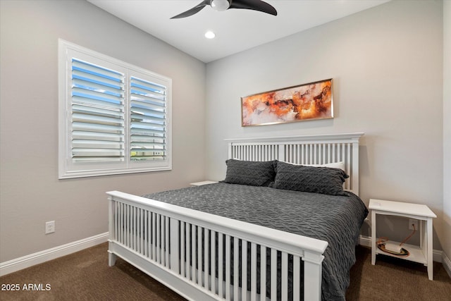 bedroom featuring ceiling fan, baseboards, carpet, and recessed lighting