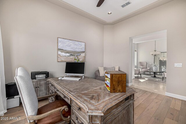 6328 W Fetlock Trl, Phoenix, AZ 85083 - home office with visible vents, baseboards, recessed lighting, ceiling fan with notable chandelier, and wood-type flooring