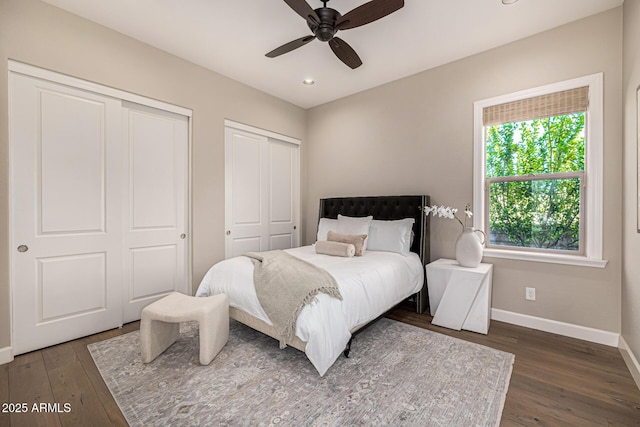 6328 W Fetlock Trl, Phoenix, AZ 85083 - bedroom featuring baseboards, multiple closets, recessed lighting, wood finished floors, and a ceiling fan