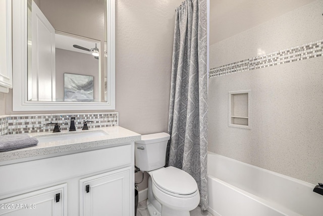 6328 W Fetlock Trl, Phoenix, AZ 85083 - bathroom featuring shower / bathtub combination with curtain, tasteful backsplash, vanity, and toilet