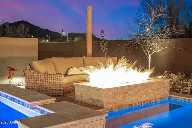 6328 W Fetlock Trl, Phoenix, AZ 85083 - view of patio with an outdoor living space, fence, and a mountain view