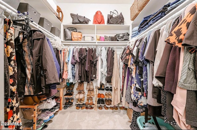 walk in closet featuring light colored carpet