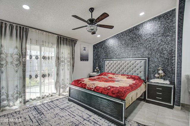 bedroom featuring ceiling fan, a textured ceiling, and crown molding