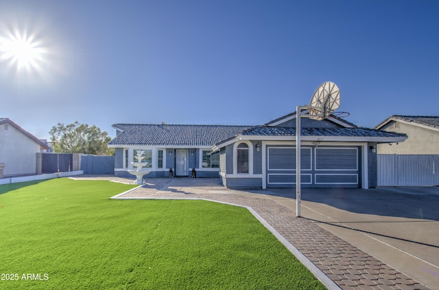 ranch-style house with a front lawn and a garage