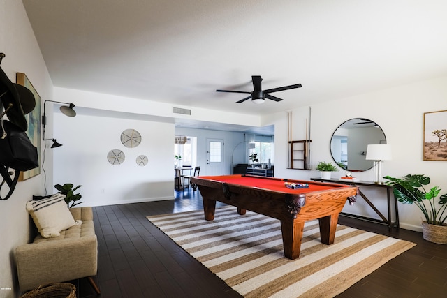 recreation room featuring visible vents, billiards, dark wood finished floors, baseboards, and ceiling fan
