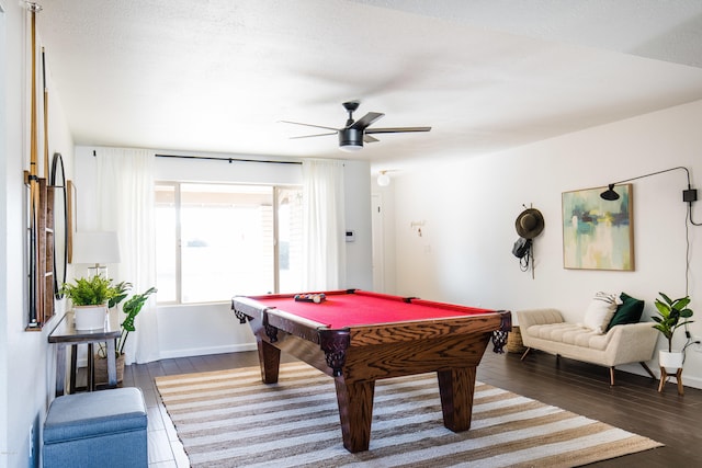 playroom featuring baseboards, billiards, a ceiling fan, and dark wood-style flooring