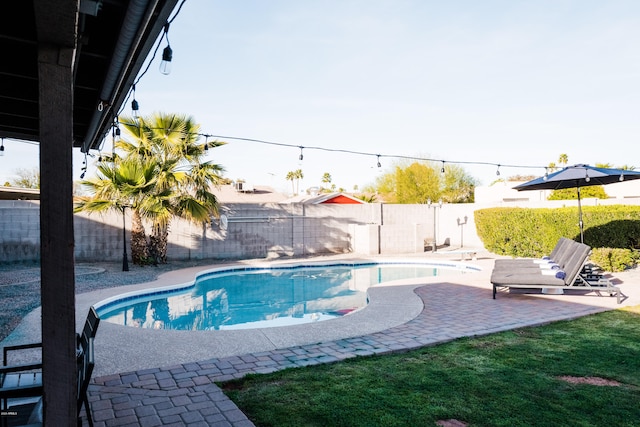 view of pool with a fenced in pool, a patio, and a fenced backyard