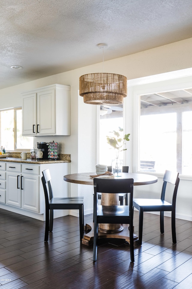 dining room with dark wood-type flooring and a textured ceiling