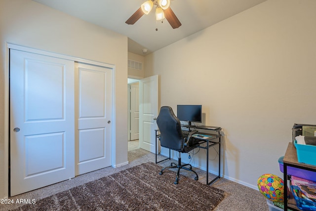 office space with carpet flooring and ceiling fan