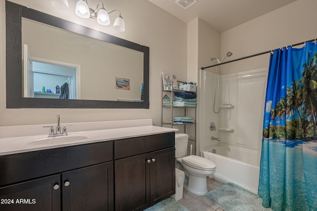 full bathroom with toilet, shower / tub combo with curtain, vanity, and tile patterned flooring